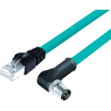Connection cable male angled connector M12x1 - RJ45, 360° shielding, TPE blue-green